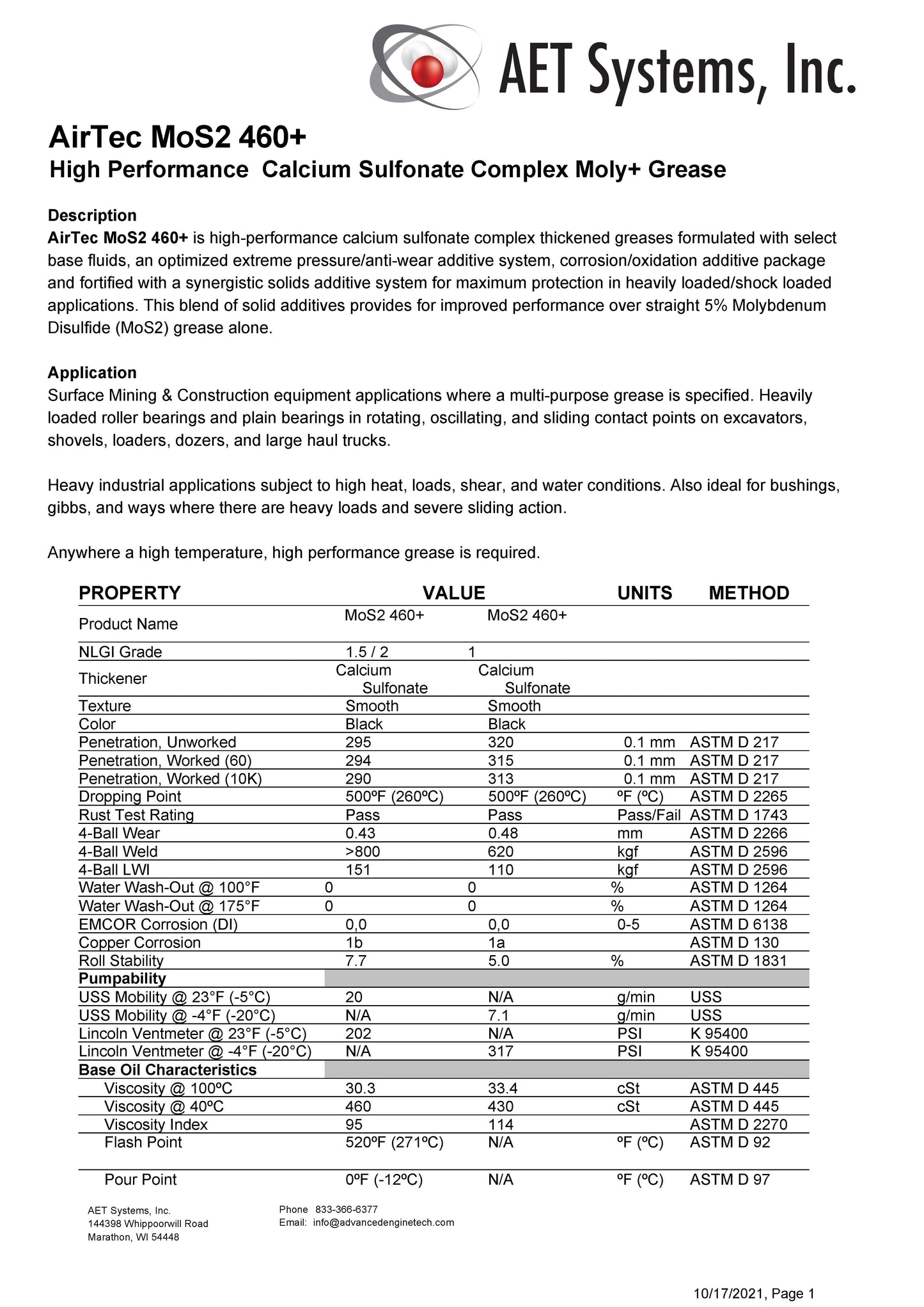 CASE of 10 - AirTec® MoS2 460+ High Performance Calcium Sulfonate Complex Moly+ Grease